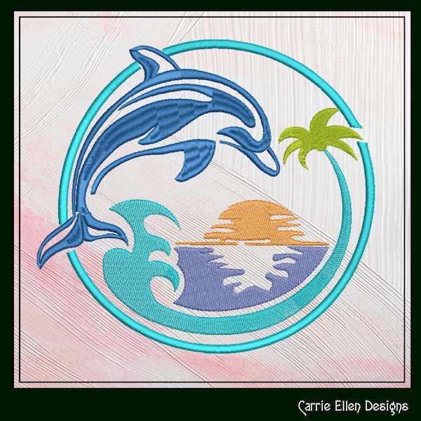 Dolphin Machine Embroidery Design, Bottlenose Dolphin Pattern, Jumping Dolphin with Sunset Design, 6 Sizes (0299)