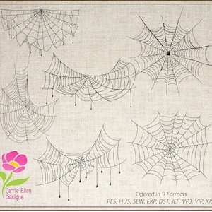 蜘蛛の巣ミシン刺繍デザインセット、黒蜘蛛刺繍、ハロウィン蜘蛛セット、6デザイン、8サイズ (0724)