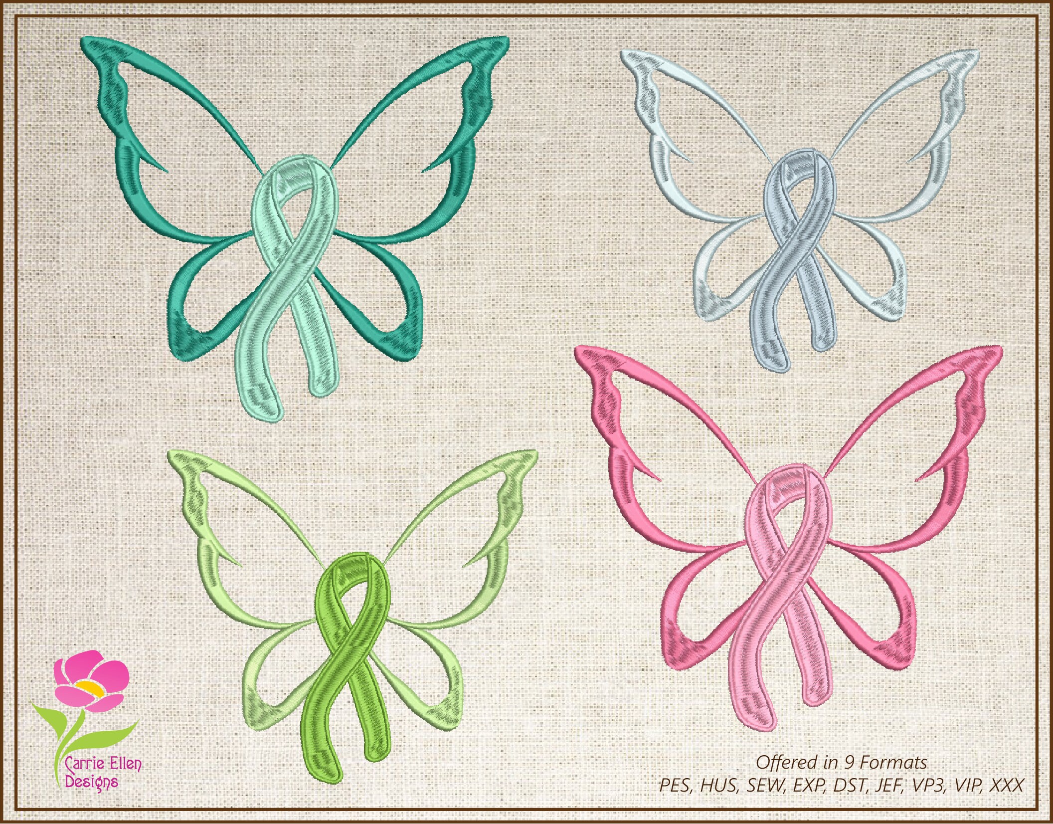 Cancer Awareness Machine Embroidery Design, Breast Cancer Embroidery, Cancer Butterfly Embroidery, Cancer Ribbon Embroidery, 8 Sizes (0365)