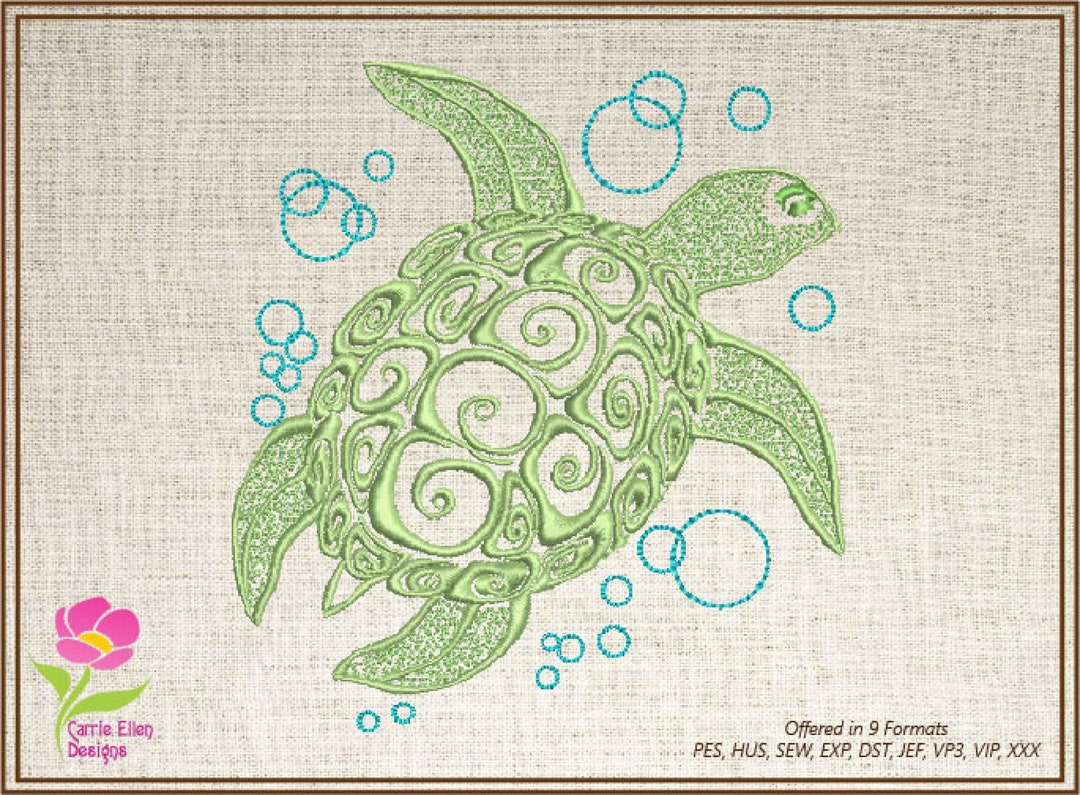ウミガメの機械刺繍デザイン、動物の刺繍、海のカメ、海洋動物