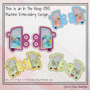 Puede incluir: Diseños de bordado a máquina con furgonetas camper coloridas con detalles florales y las palabras "LO" y "VE". Los diseños son de varios colores, incluyendo azul, rosa, amarillo y verde, con un borde blanco. El texto en la imagen dice "This is an In The Hoop (ITH) Machine Embroidery Design."