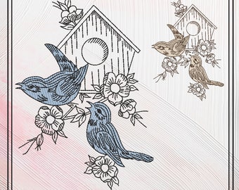 Birds and Birdhouse Machine Embroidery Sketch Design, Artistic Drawing Embroidery Design, Bluebirds and Flowers, 6 Sizes (2269)