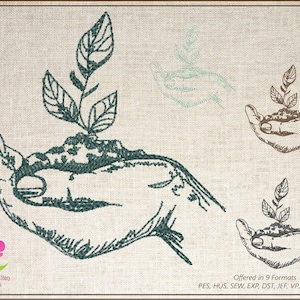 Puede incluir: Un dibujo en blanco y negro de una mano sosteniendo una pequeña planta con hojas. La imagen se ofrece en 9 formatos: PES, HUS, SEW, EXP, DST, JEF, VP3, VIP, XXX.