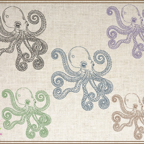 Octopus Machine Embroidery Design File, Marine Animal Embroidery Designs. Coastal Beach Animals, Embroidered Sea Life. 4 Sizes (0466)