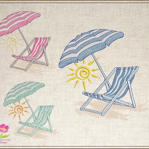Disegno per ricamo a macchina sedia da spiaggia e ombrellone, disegno per vacanze estive, disegni per ricamo scena spiaggia, 6 misure (0530)
