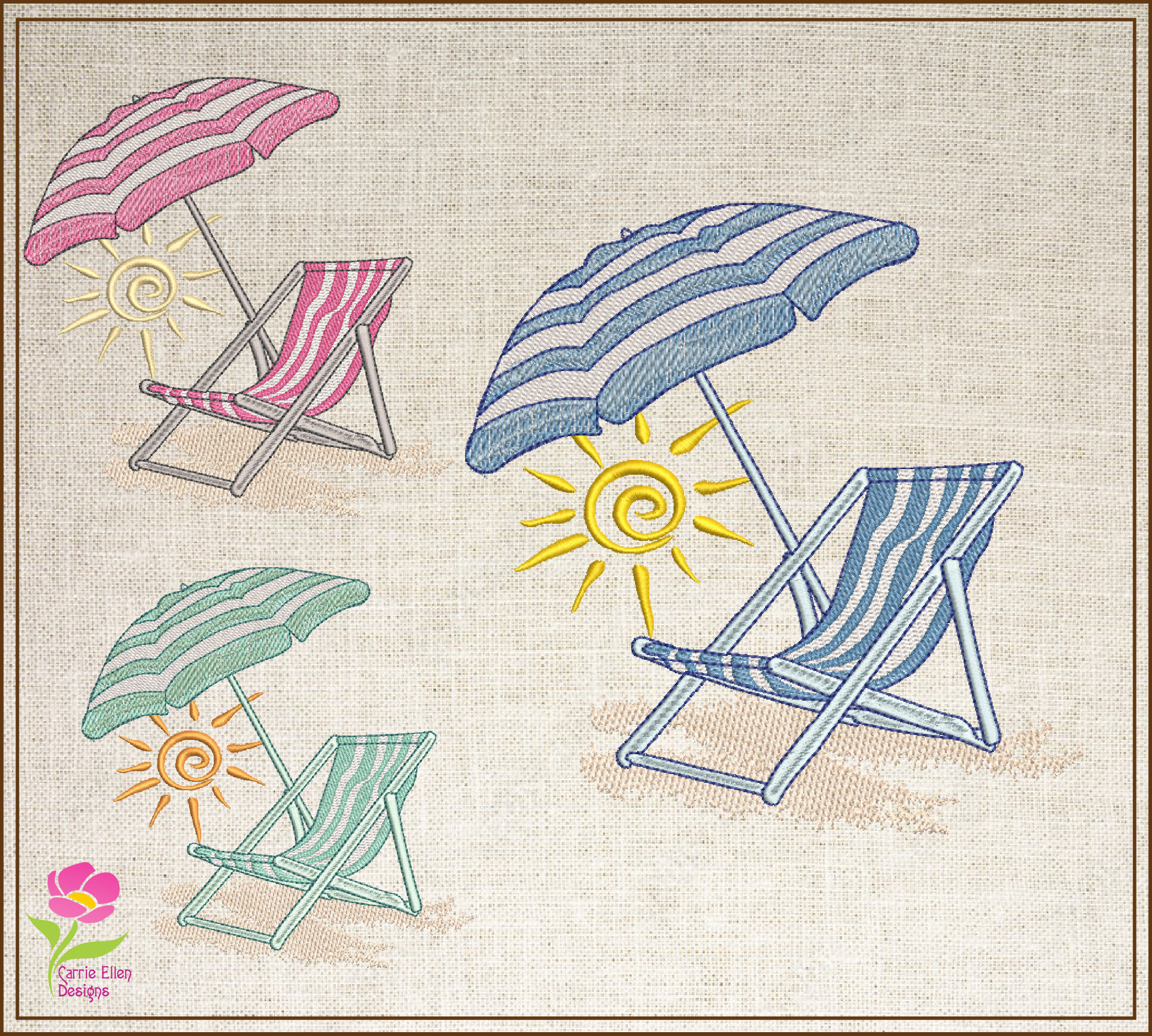 Classic Beach Scene With Faux Ric Rac Sand Umbrella and Pail 