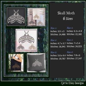 May include: The image showcases a Skull Moth design in six sizes. The design is displayed on various items, including a tote bag and pillow. The text indicates the sizes in inches, ranging from 3.9 x 3 inches to 7.8 x 6 inches, along with the stitch counts.