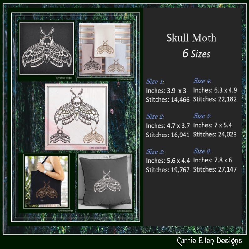 May include: The image showcases a Skull Moth design in six sizes. The design is displayed on various items, including a tote bag and pillow. The text indicates the sizes in inches, ranging from 3.9 x 3 inches to 7.8 x 6 inches, along with the stitch counts.