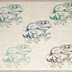 May include: Five stylized drawings of frogs in various shades of green and brown on a textured beige background.