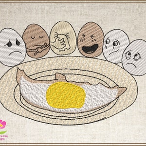 May include: A white plate with a fried egg with a yellow yolk. Six eggs with different facial expressions surround the plate.