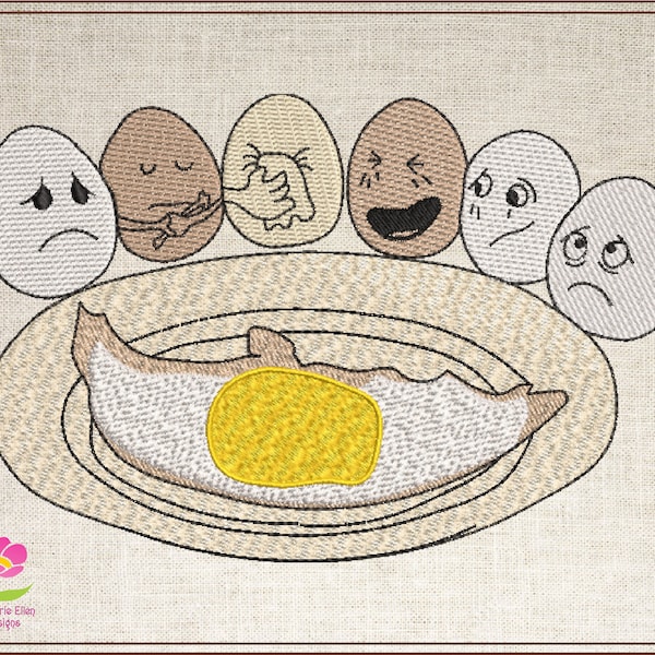 Fry-Day Machine Embroidery Design, Fried Egg Funeral Embroidery Design, Inter-Racial Egg Breakfast, 6 Sizes (0612)