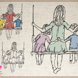 母と子供の機械刺繍デザイン、母の日デザイン、ブランコに乗る女性と子供のスケッチ刺繍、6 サイズ (0709)