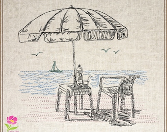 Machineborduurontwerp strandstoel en parasol, zomervakantie ontwerp, borduurontwerpen drankjes op het strand, 6 maten (0531)