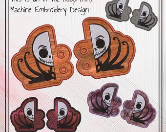 Op de afbeelding: Machine borduurontwerp met een half schedel karakter in oranje, grijs en bordeaux. Het ontwerp bevat de tekst "This is an In The Hoop (ITH) Machine Embroidery Design". Het ontwerp past in een borduurring van 10 cm x 10 cm en 13 cm x 18 cm.