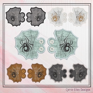 May include: Six pairs of spider web and spider embroidery designs in various colors, including gray, brown, and light blue. Each pair has two pieces with a spider web and a spider in the center. The designs are perfect for adding a spooky touch to your crafts.