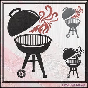 May include: Black and white illustration of a grill with a lid open and flames coming out of the top. The grill has a wheel on one leg. The text "Carrie Ellen Designs" is at the bottom of the image.