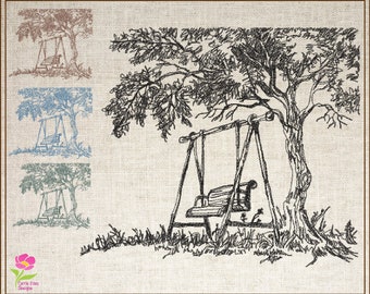 Tree Swing Sketch Machine Embroidery Design, Oak Tree Garden Design, Line Art Sketch Embroidery, 6 Sizes (0727)