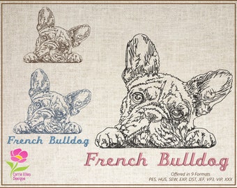 Französische Bulldogge Skizze, Maschinenstickerei, Hund Stickmuster, Frenchie Stickerei, Tier Stickerei, 8 Größen (0492)