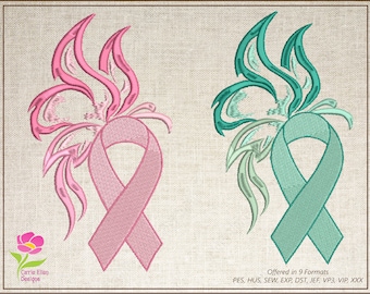 Breast Cancer Awareness Machine Embroidery, Teal Ovarian Cancer Ribbon Butterfly Embroidery, Pink Ribbon Butterfly Design, 8 Sizes (0363)
