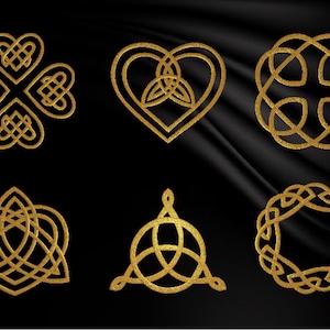 Può includere: Sei disegni di nodi celtici dorati su sfondo nero. I nodi hanno la forma di un cuore, un cerchio, un trifoglio a quattro foglie, un triangolo e altri due disegni circolari.