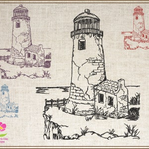 Puede incluir: Un dibujo en blanco y negro de un faro en un acantilado. El faro es alto y tiene una pequeña casa adosada. El faro está rodeado de hierba y rocas.