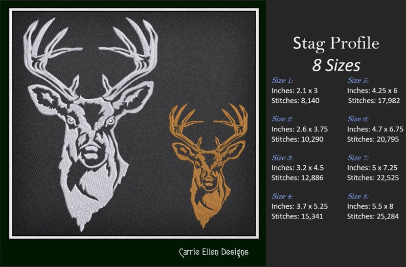 Deer Embroidery Design, Stag Head Profile Machine Embroidery, Wildlife Animal Design, Towel Gift, Machine Embroidery Design, PES Embroidery, Embroidery Patterns, Design Update, Bestseller, Embroidery Pattern, Custom Embroidery Carrie Ellen Designs