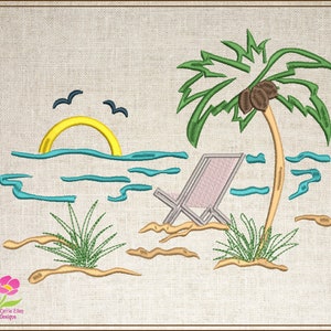 Beach Scene Machine Embroidery Design, Summer Embroidery Design, Beach Chair Pattern, Tropical Theme Design, 10 Sizes (0534)
