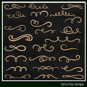 May include: Twenty-one beige decorative flourishes and swirls are displayed on a black background. The designs vary in shape and size, with a handwritten signature in the bottom right corner. The image is framed with a white border.