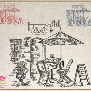 Street Café Scene Machine Embroidery Design, French Bistro Embroidery Pattern, Sketch Restaurant City Design, 6 Sizes (0550)