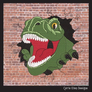 May include: A green dinosaur head with sharp teeth and a red tongue is breaking through a brick wall. The dinosaur's eye is yellow and the claws are black.