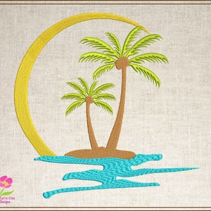 Tropical Island Machine Embroidery Design, Palm Tree Island Embroidery, Palm Trees and Sunset Embroidery Design 8 Sizes (0293)