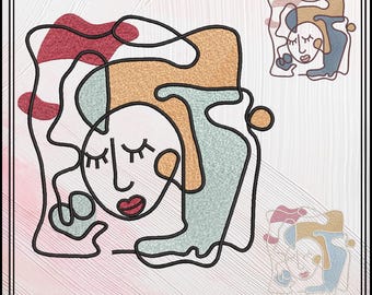 Woman Face Machine Embroidery Design – Lady Face Outline, Picasso Inspired Modern Art Pattern, 6 Sizes (3616)