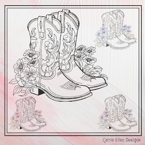 May include: A black and white line drawing of two cowboy boots with floral accents. The boots are drawn in a detailed style with stitching and buckles. The flowers are simple and delicate. The image is set against a pink background.