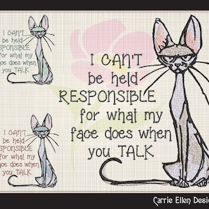 Cant Be Held Responsible Machine Embroidery Design, Cat Cartoon, Funny Embroidered Sayings and Quotes, Snarky Kitty Design, 8 Sizes (1011)