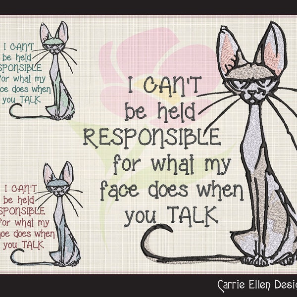 Cant Be Held Responsible Machine Embroidery Design, Cat Cartoon, Funny Embroidered Sayings and Quotes, Snarky Kitty Design, 8 Sizes (1011)