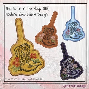May include: A set of three embroidery designs featuring cowboy boots with floral accents. The designs are in the hoop (ITH) and fit a 4x4 inch embroidery hoop. The text "This is an In The Hoop (ITH) Machine Embroidery Design" and "Carrie Ellen Designs" are also included in the image.