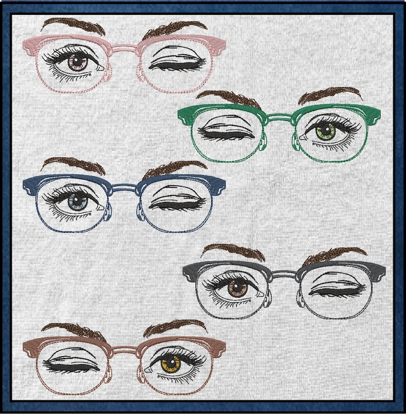 Eyeglasses Machine Embroidery Design Beautiful Eyes Winking Etsy