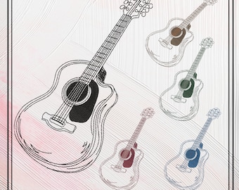 May include: A line drawing of an acoustic guitar with a wood grain texture in five different colors: black, brown, dark blue, light blue, and red. The image is titled "Carrie Ellen Designs".