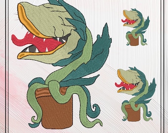 Puede incluir: Una ilustración de dibujos animados de una planta carnívora verde, con dientes, con una lengua roja, en una maceta marrón. La planta se muestra tres veces en diferentes posiciones.