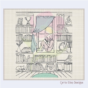 Book Nook Machine Embroidery Design, Girl in Window Reading Embroidery Drawing, Artistic Sketch Design, 8 Sizes (0923)
