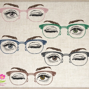 Puede incluir: Cuatro ilustraciones de diferentes colores de una persona con gafas y un ojo guiñando. Las gafas son rosas, verdes, azules y marrones.