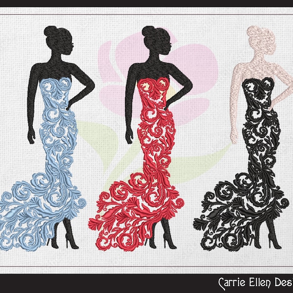 Elegant Ball Gown Machine Embroidery Design, Woman in Lace Dress Design, Elegant Lady Silhouette , 6 Sizes (1237)