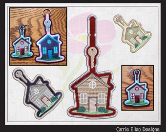In The Hoop Key Fob Machine Embroidery Design, Little House Keys, Machine Embroidery Project (1303)
