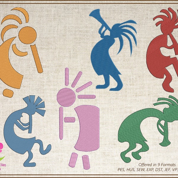 Kokopelli Embroidery Design Bundle, Dancing Kokopelli Embroidery Patterns, Tribal Art Design, Musical Embroidery, Flute, 6 Designs (0477)