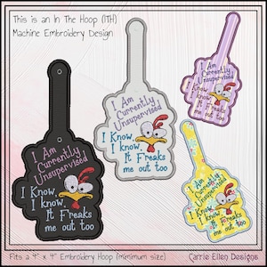 Currently Unsupervised Chicken ITH Key Fob Machine Embroidery Design, In The Hoop Key Tag Design Project (2951)