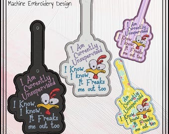 Currently Unsupervised Chicken ITH Key Fob Machine Embroidery Design, In The Hoop Key Tag Design Project (2951)