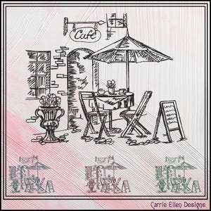 May include: A black and white line art illustration of a sidewalk cafe scene featuring a table with two chairs, a large umbrella, a potted plant, and a menu board. The text 'Cafe' is written on a hanging sign, and 'Carrie Ellen Designs' is at the bottom.