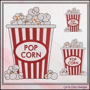 Puede incluir: Tres contenedores de palomitas de maíz a rayas rojas y blancas con el texto "POP CORN" en rojo. Cada contenedor está lleno de granos de palomitas de maíz blancas.