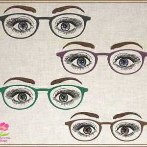 Eyeglasses Machine Embroidery Design Updated, Beautiful Eyes Watching Embroidery Pattern, Ladies Eyes with Glasses Design 6 Sizes (0548)