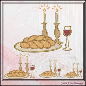 May include: A digital embroidery design depicting a traditional Shabbat table setting with challah bread, wine glasses, and candlesticks. The design is in gold and brown tones on a pink background.